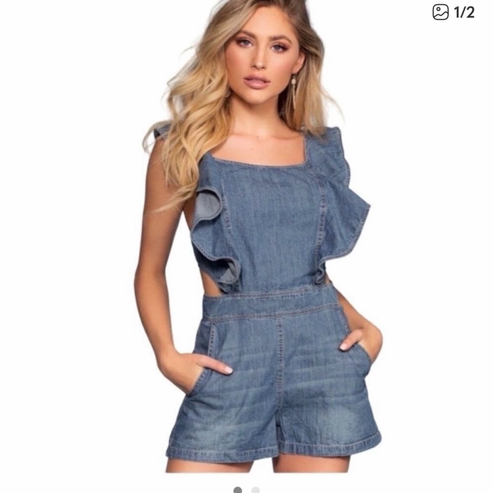 DO+BE Blue Denim Overalls with Ruffle Detail
